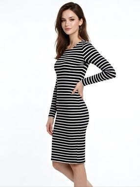 H&M Black And White Striped Long Sleeve Fitted Dress Size S